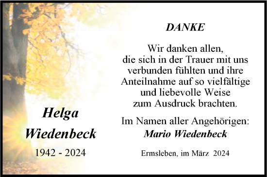 Traueranzeige von Helga Wiedenbeck von Trauerkombi Quedlinburg