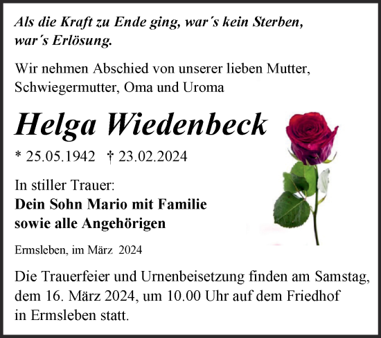 Traueranzeige von Helga Wiedenbeck von Trauerkombi Quedlinburg