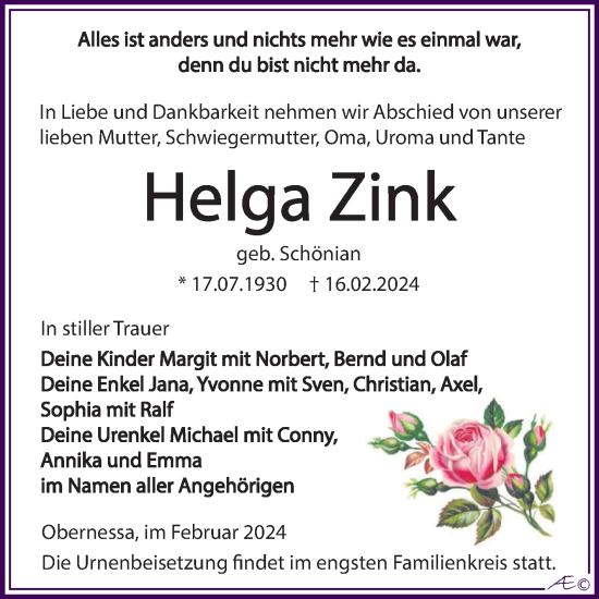 Traueranzeige von Helga Zink von Trauerkombi Weißenfels