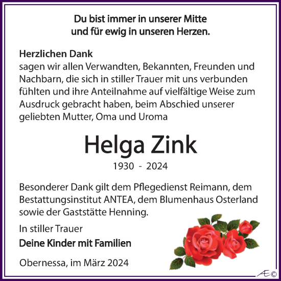 Traueranzeige von Helga Zink von Trauerkombi Weißenfels