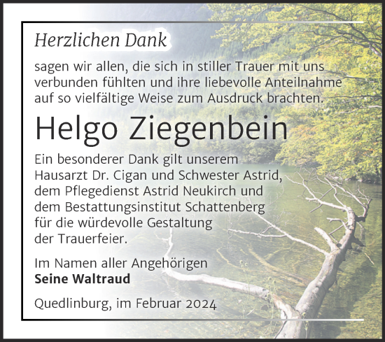 Traueranzeige von Helgo Ziegenbein von Trauerkombi Quedlinburg