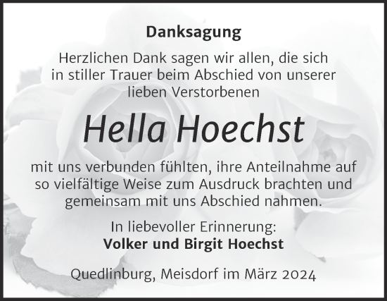 Traueranzeige von Hella Hoechst von Trauerkombi Quedlinburg