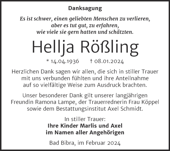 Traueranzeige von Hellja Rößling von Super Sonntag Naumburg/Nebra