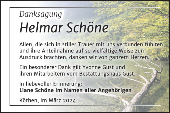 Traueranzeige von Helmar Schöne von Trauerkombi Köthen