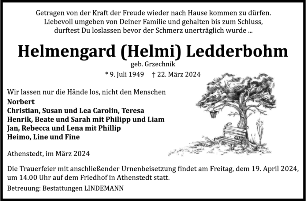  Traueranzeige für Helmengard  Ledderbohm vom 30.03.2024 aus Volksstimme Halberstadt