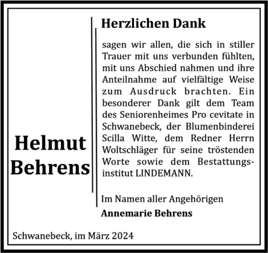 Traueranzeige von Helmut Behrens von Volksstimme Halberstadt