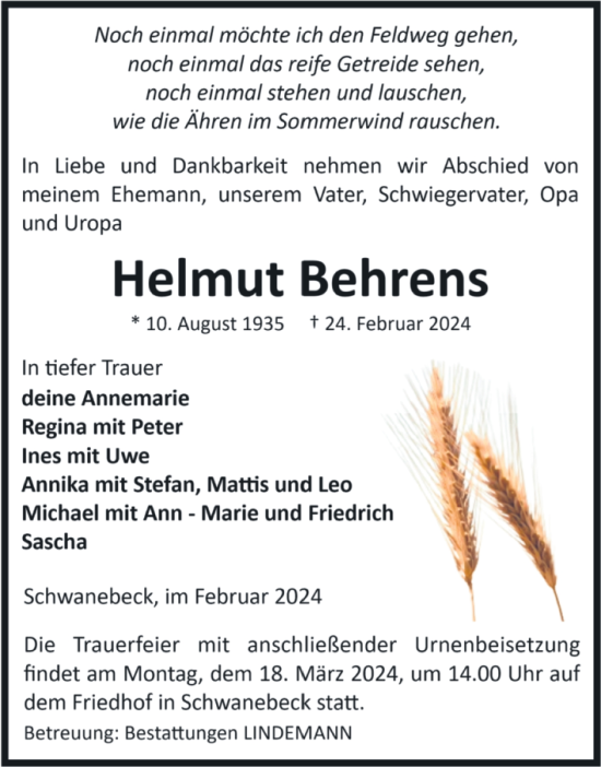 Traueranzeige von Helmut Behrens von Volksstimme Halberstadt
