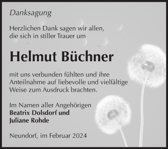 Traueranzeige von Helmut Büchner von Volksstimme Staßfurt