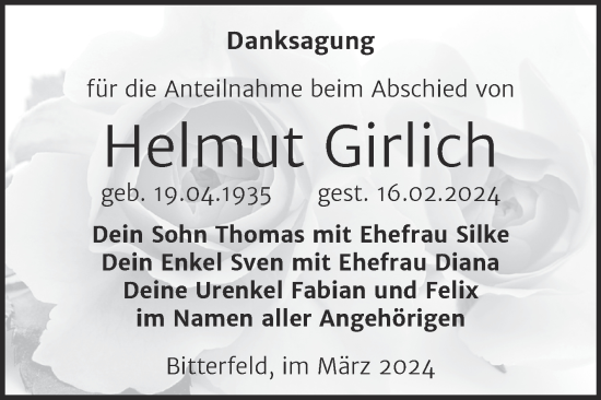 Traueranzeige von Helmut Girlich von Trauerkombi Bitterfeld