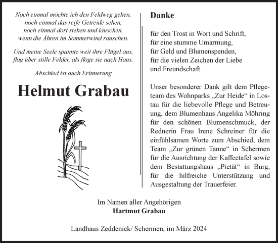 Traueranzeige von Helmut Grabau von Volksstimme Burg/Genthin