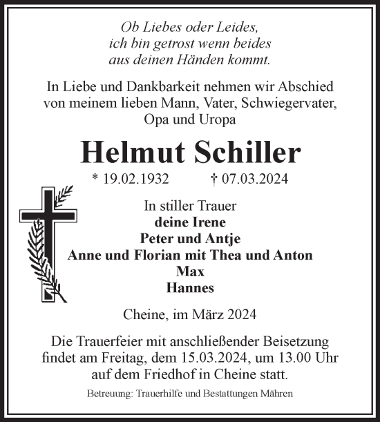 Traueranzeige von Helmut Schiller von Volksstimme Altmark West