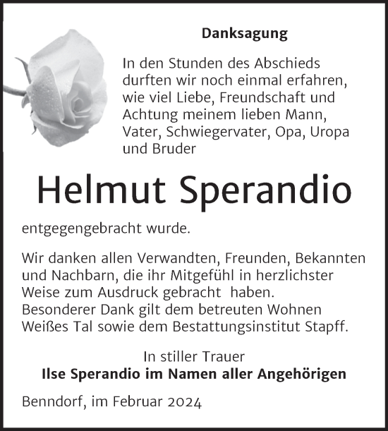 Traueranzeige von Helmut Sperandio von Trauerkombi Mansfelder Land