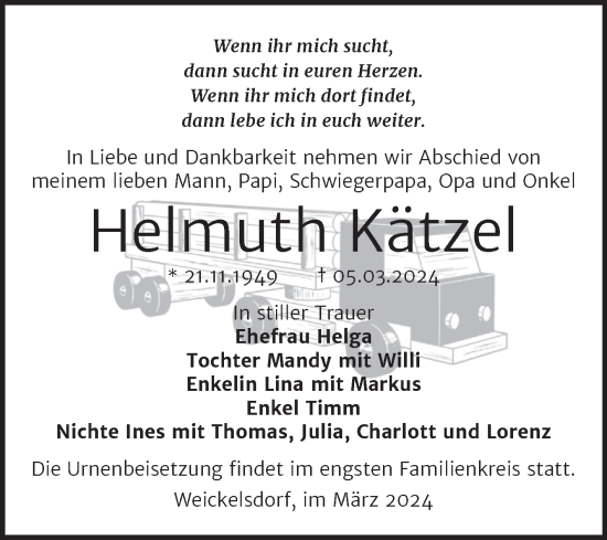 Traueranzeige von Helmuth Kätzel von Super Sonntag Weißenfels