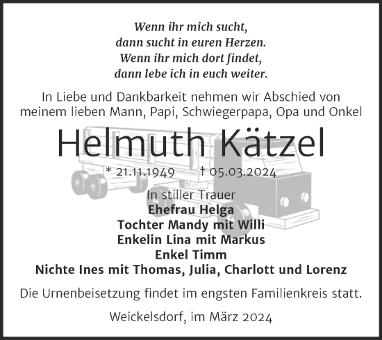 Traueranzeige von Helmuth Kätzel von Super Sonntag Zeitz