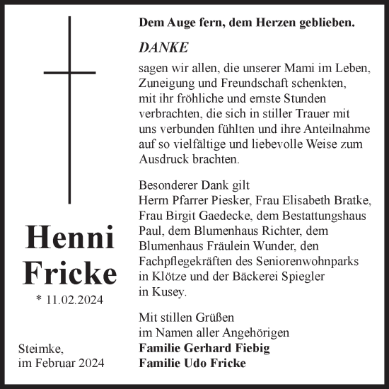 Traueranzeige von Henni Fricke von Volksstimme Altmark West