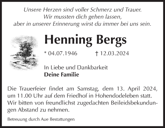 Traueranzeige von Henning Bergs von Volksstimme Oschersleben/Wanzleben
