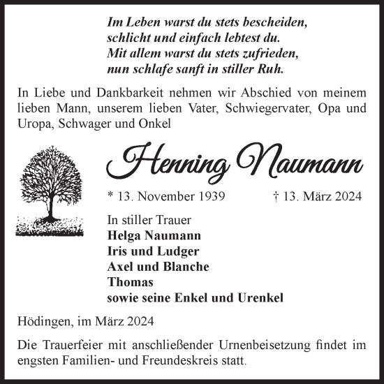 Traueranzeige von Henning Naumann von Volksstimme Haldensleben/Wolmirstedt