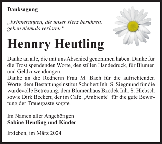 Traueranzeige von Hennry Heutling von Volksstimme Haldensleben/Wolmirstedt