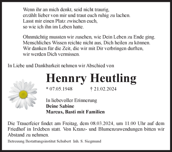 Traueranzeige von Hennry Heutling von Volksstimme Haldensleben/Wolmirstedt