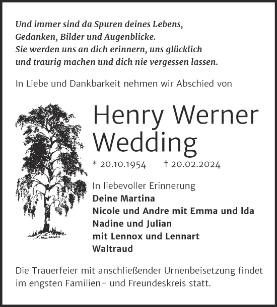 Traueranzeige von Henry Werner Wedding von Trauerkombi Wittenberg