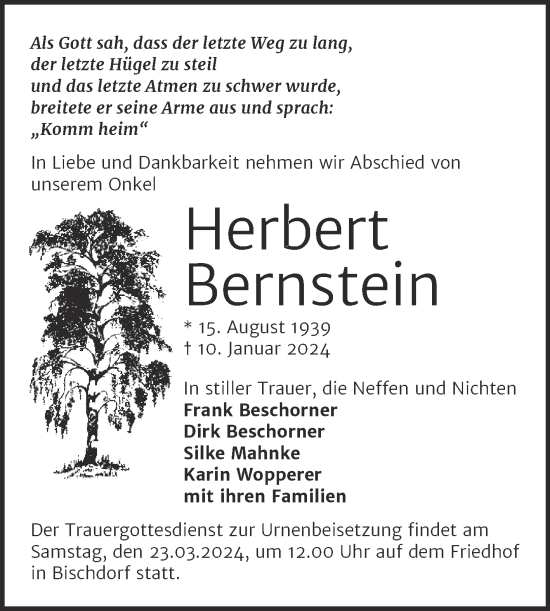 Traueranzeige von Herbert Bernstein von Trauerkombi Merseburg