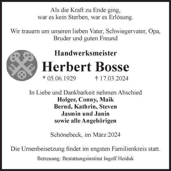 Traueranzeige von Herbert Bosse von Volksstimme Schönebeck