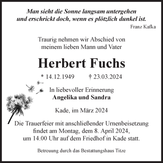 Traueranzeige von Herbert Fuchs von Volksstimme Burg/Genthin