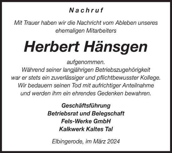 Traueranzeige von Herbert Hänsgen von Volksstimme Wernigerode