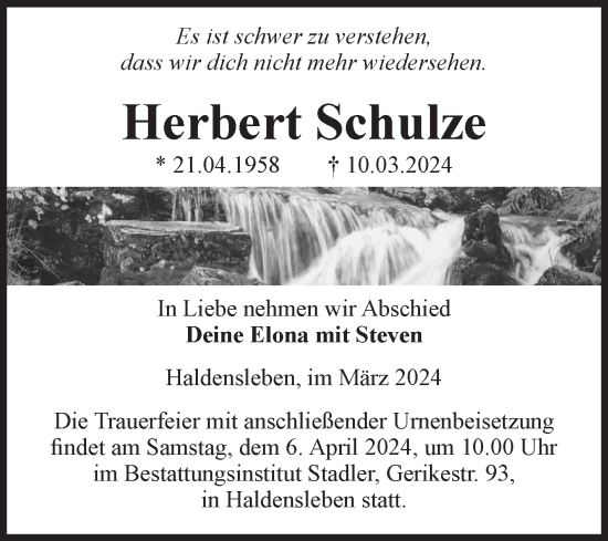 Traueranzeige von Herbert Schulze von Volksstimme Haldensleben/Wolmirstedt