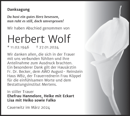 Traueranzeige von Herbert Wolf von Super Sonntag Naumburg/Nebra