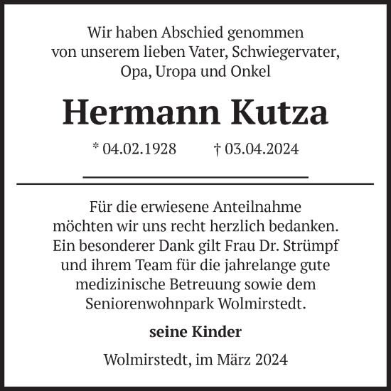 Traueranzeige von Hermann Kutza von Volksstimme Haldensleben/Wolmirstedt
