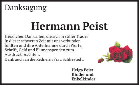 Traueranzeige von Hermann Peist von Volksstimme Magdeburg