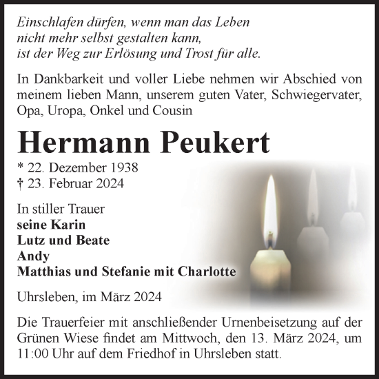 Traueranzeige von Hermann Peukert von Volksstimme Haldensleben/Wolmirstedt