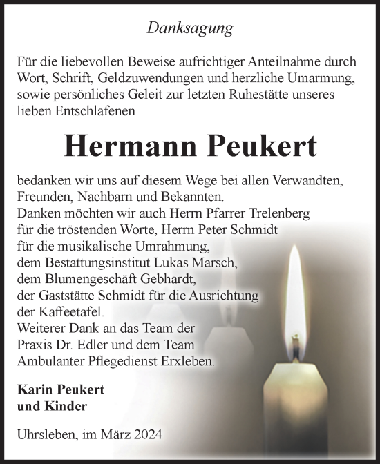 Traueranzeige von Hermann Peukert von Volksstimme Haldensleben/Wolmirstedt