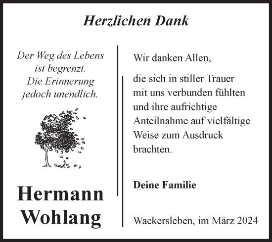 Traueranzeige von Hermann Wohlang von Volksstimme Oschersleben/Wanzleben