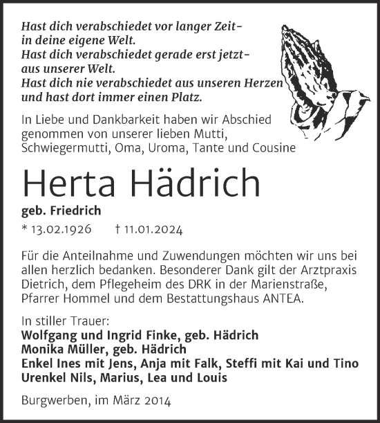 Traueranzeige von Herta Hädrich von Trauerkombi Weißenfels