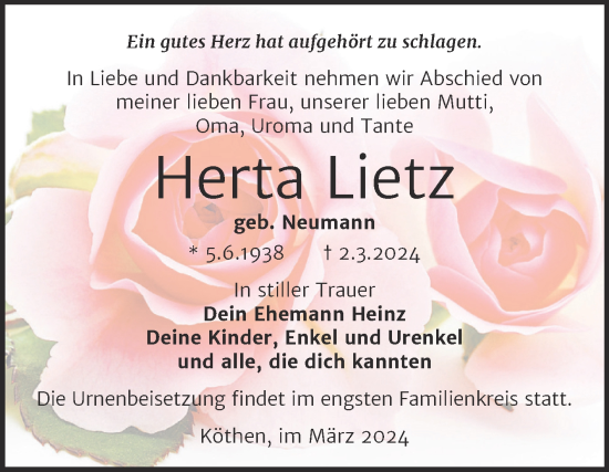 Traueranzeige von Herta Lietz von Trauerkombi Köthen