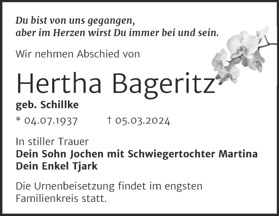 Traueranzeige von Hertha Bageritz von Mitteldeutsche Zeitung Halle/Saalkreis