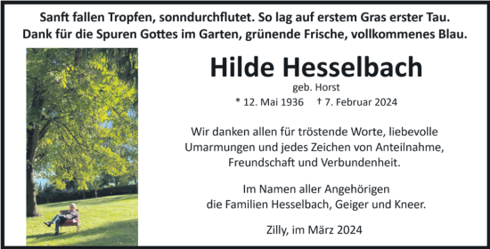 Traueranzeige von Hilde Hesselbach von Volksstimme Halberstadt