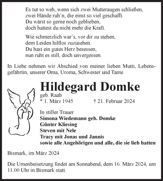 Traueranzeige von Hildegard Domke von Volksstimme Altmark Ost
