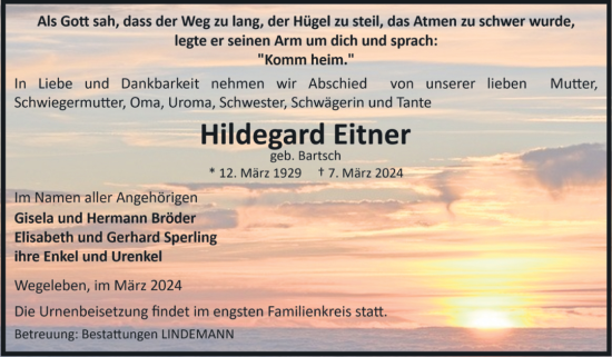 Traueranzeige von Hildegard Eitner von Volksstimme Halberstadt