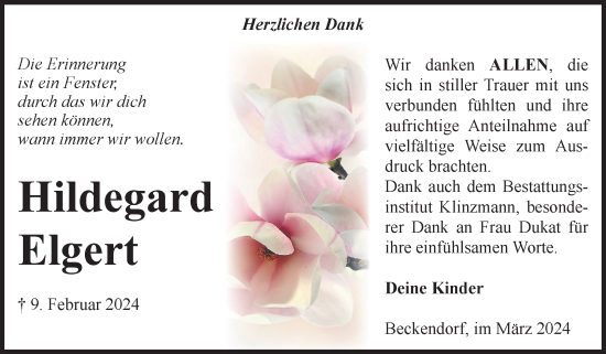 Traueranzeige von Hildegard Elgert von Volksstimme Oschersleben/Wanzleben