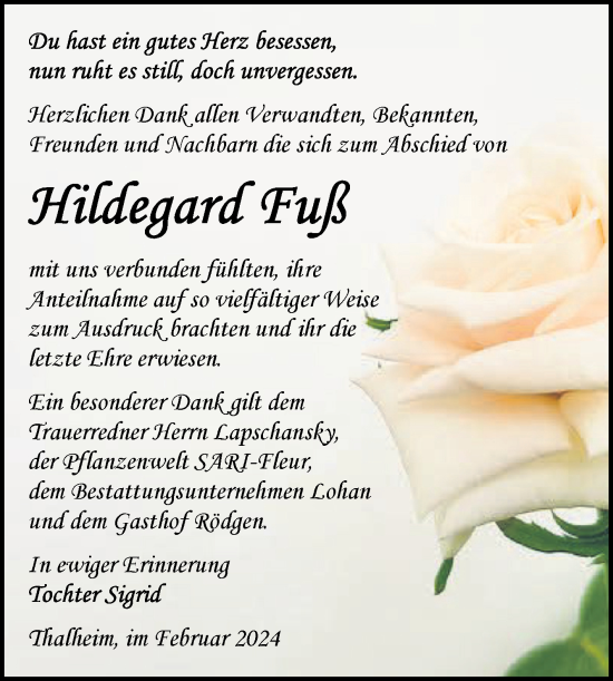 Traueranzeige von Hildegard Fuß von Trauerkombi Bitterfeld
