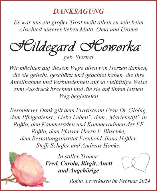 Traueranzeige von Hildegard Howorka von Trauerkombi Sangerhausen