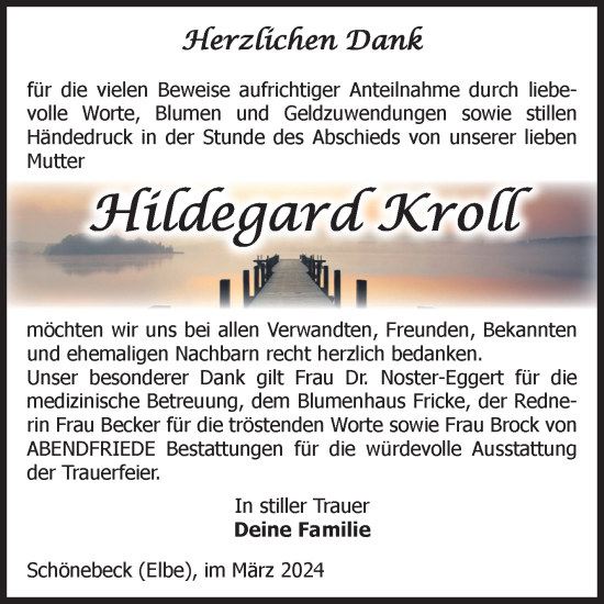 Traueranzeige von Hildegard Kroll von Volksstimme Schönebeck