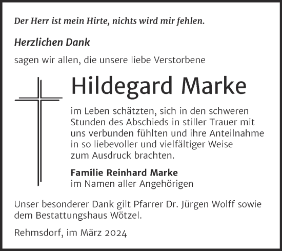 Traueranzeige von Hildegard Marke von Trauerkombi Zeitz