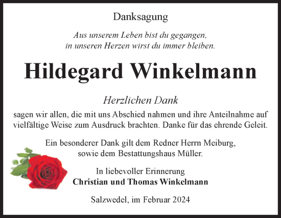 Traueranzeige von Hildegard Winkelmann von Volksstimme Altmark West
