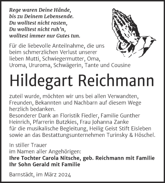Traueranzeige von Hildegart Reichmann von Trauerkombi Merseburg