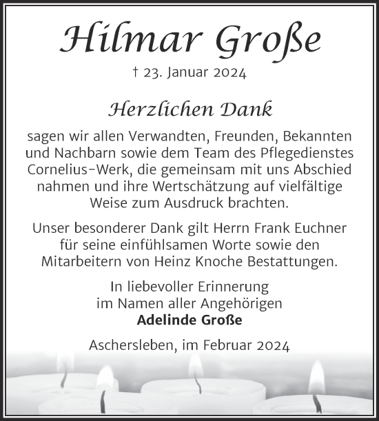 Traueranzeige von Hilmar Große von Trauerkombi Aschersleben