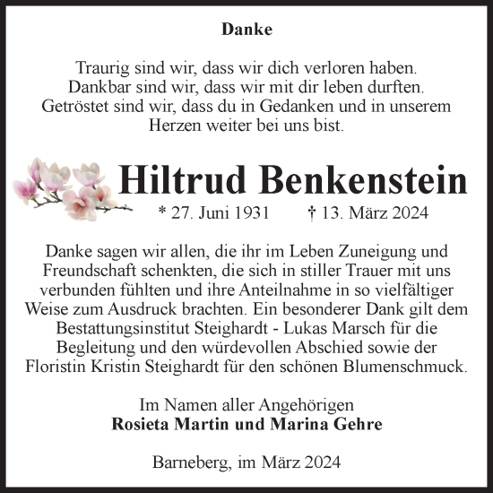 Traueranzeige von Hiltrud Benkenstein von Volksstimme Oschersleben/Wanzleben